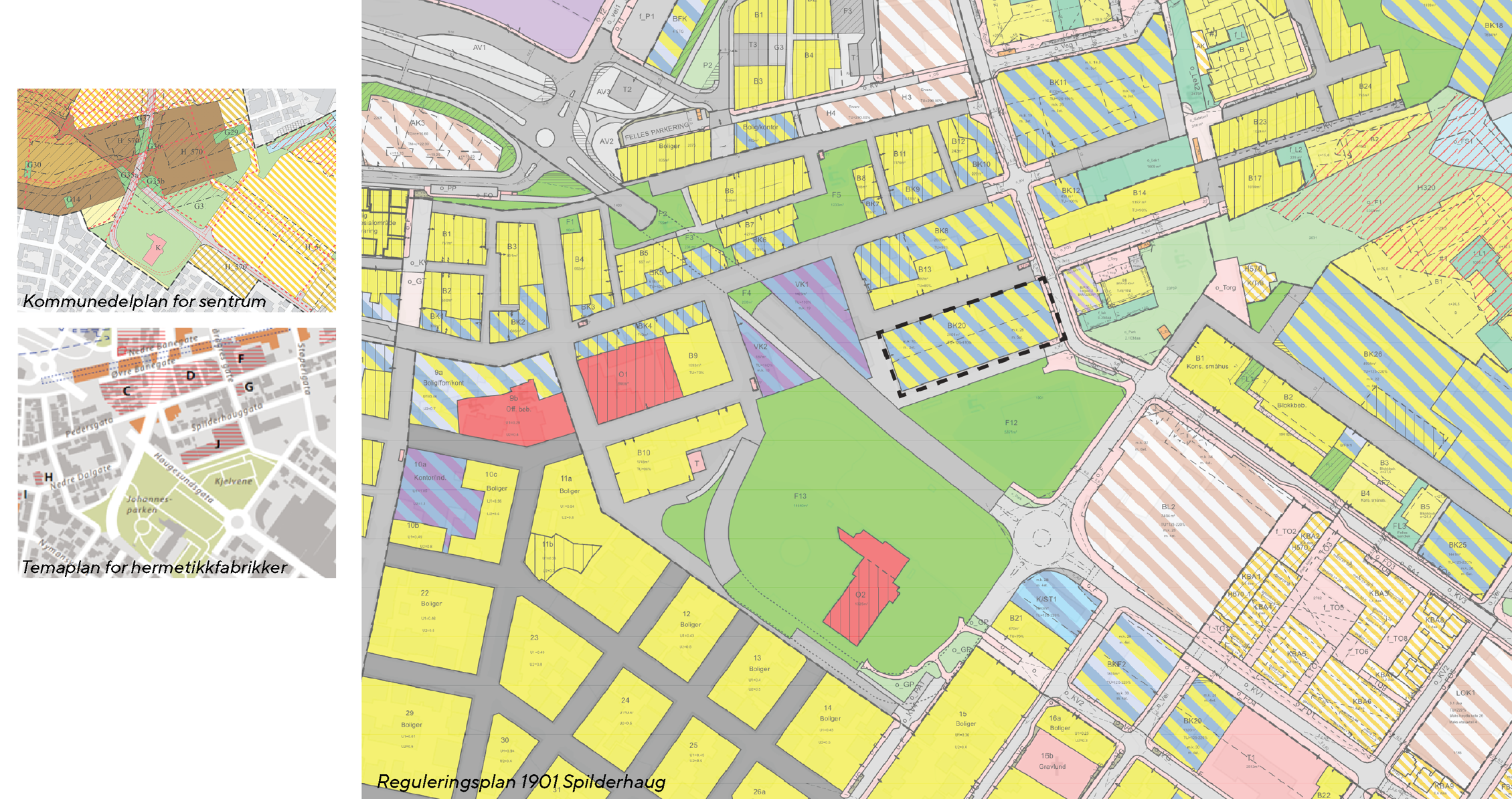 Kart som viser gjeldende planer i området, både arealplaner og f.eks. temaplan for hermetikkfabrikker