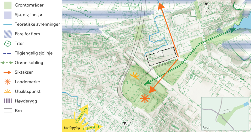 Kart med markeringer av grøntområder, elver og andre natur-/landskapselementer