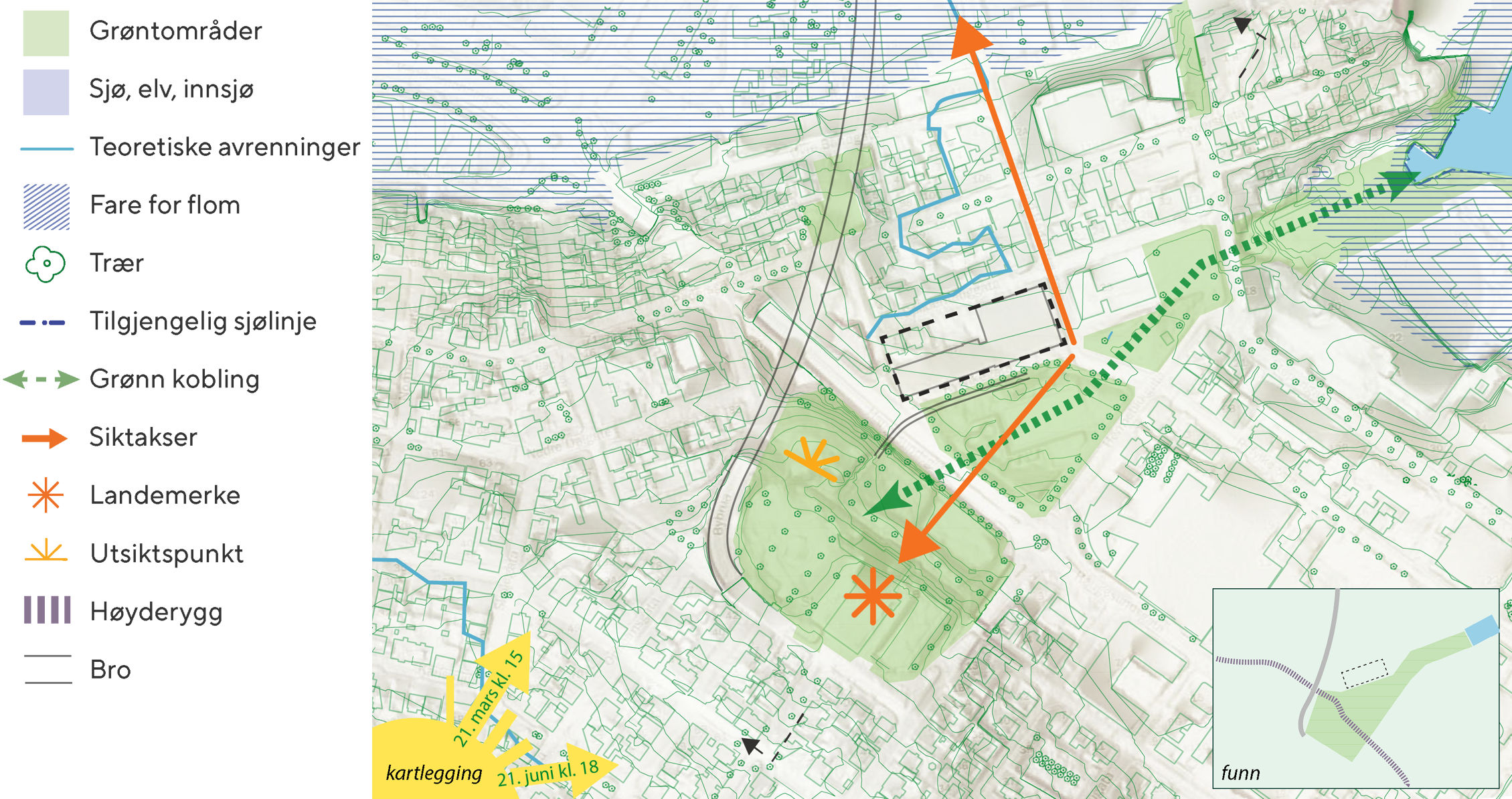 Kart med markeringer av grøntområder, elver og andre natur-/landskapselementer