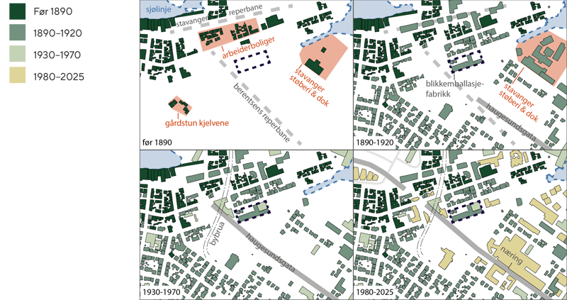Fire kart som viser stedet og bebyggelsen på ulike tidspunkt i historien