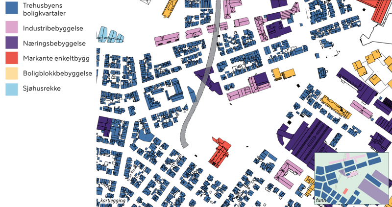 kart der ulike typer bebyggelse er markert, feks. boligblokker, industri og næring