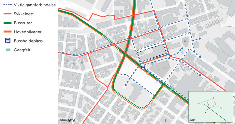 Kart der sykkelveger, bussholdeplasser og andre mobilitetspunkter er markert. 