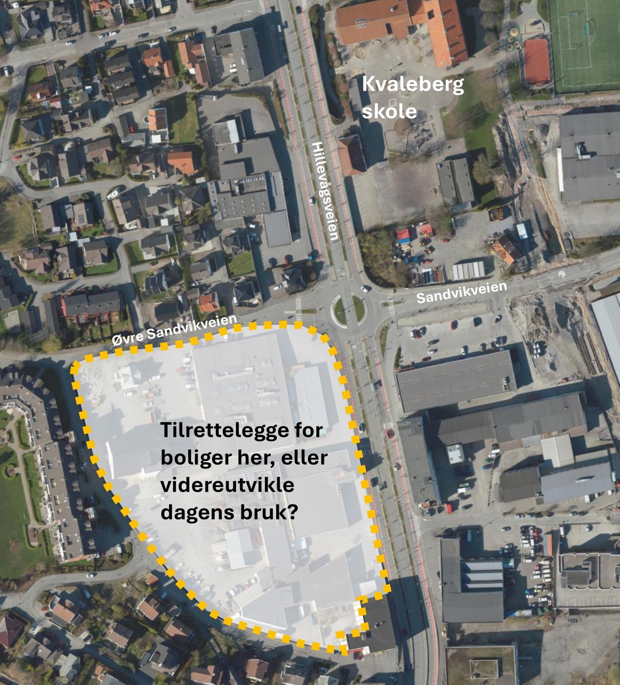 Kart med markering av området sør for Øvre Sandvikveien og vest for bussveien, der man vurderer å supplere næringsområdet med boliger.
