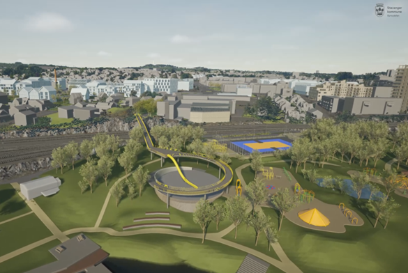 Skisse av planlagt bru over jernbanen og ned til framtidig park ved sjøen. Brua snirkler seg ned som en karusell, for å få slak nok bakke til at rullestoler, barnevogner kan trille der.