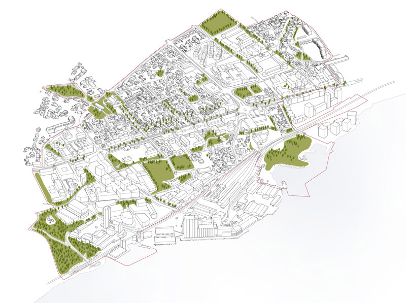 Kart over planområdet, med grøntområder avmerket. 
