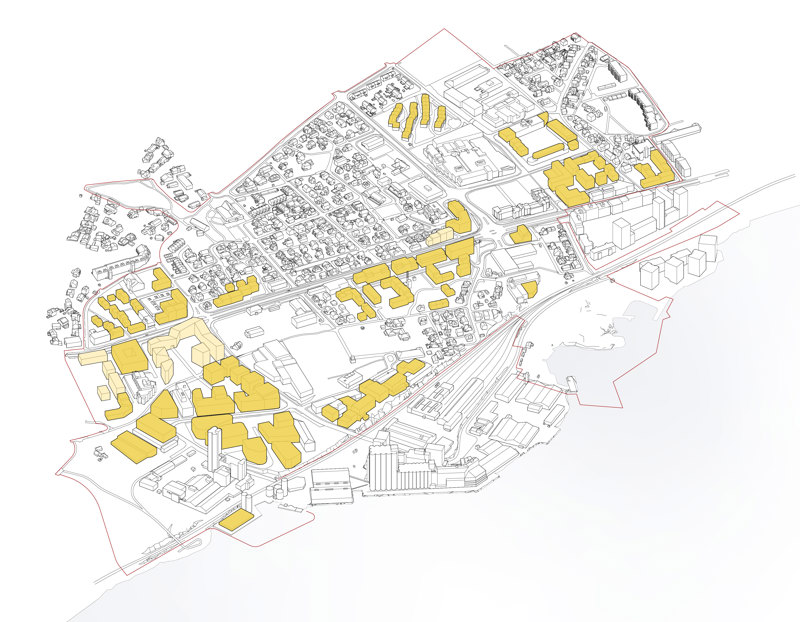 Kart over planområdet, med gule markeringer på de stedene der Hillevågplanen foreslår endringer.