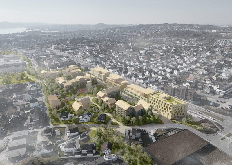 Oversiktsbilde over Hillevåg, med nye bygg langs Hillevågsveien. De nye byggene er markert med gul farge for å vise hva som skiller seg ut fra dagens situasjon, 