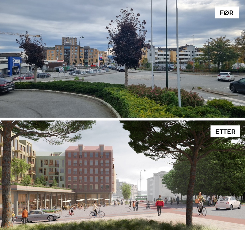 Ett bilde som viser dagens situasjon med rundkjøring og parkering, og ett bilde som viser framtidig situasjon i henhold til planen, der trafikkbildet er mer tilpasset myke trafikanter. 