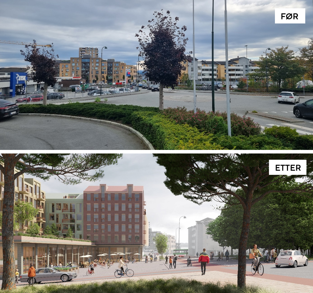 Ett bilde som viser dagens situasjon med rundkjøring og parkering, og ett bilde som viser framtidig situasjon i henhold til planen, der trafikkbildet er mer tilpasset myke trafikanter.