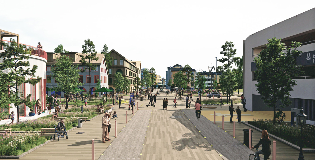 Slik kan det se ut når en «vei» blir til en «gate»: Mykere uttrykk og mer forlokkende å rusle gatelangs. Det blir fortsatt mulig å kjøre til Kilden, men bilene skal ikke lenger ha førstepri. Illustrasjonen viser hvordan planleggerne for seg at Torgveien kan omdannes til en allmenning som leder ned til Hillevågsveien. Bilkilden til venstre, kjøpesenteret Kilden til høyre i bildet. (Illustrasjon: 3RW)