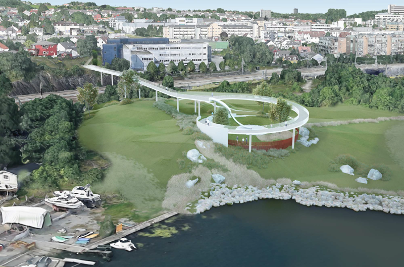 Hillevåg-planen foreslår en ny gangbro som skal gjøre det lettere å komme seg mellom Kvaleberg og sjøen. Broen er universelt utformet, det vil si den mindre bratt enn bakken som fører ned til dagens undergang,  tilpasset bl.a. barnevogner og rullestoler. Illustrasjon: Aros Landskapsarkitekter. 