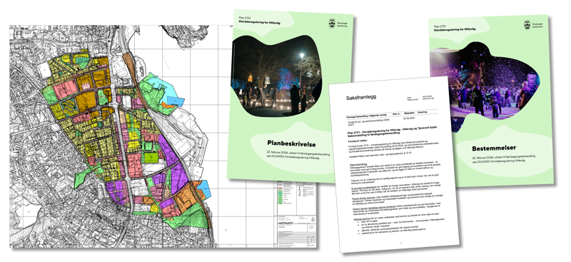 Hillevåg-planen består av mange dokumenter. Plankartet, saksfremlegget, planbeskrivelsen og bestemmelsene er de viktigste. 