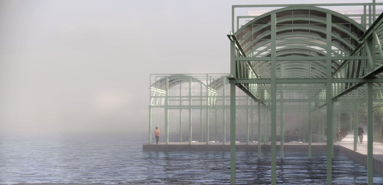 Et av bildene fra 3RW, Dronninga landskap og A/STAB viser hvordan taket til den tidligere godsbanegården blir gjenbrukt som deler av offentlige uteområder både på land og i Hillevågsvatnet.