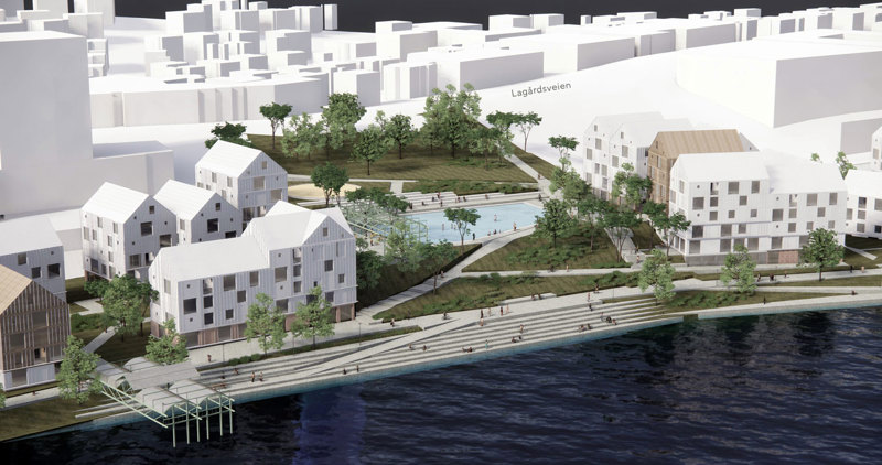 3RW, Dronninga Landskap og A/STAB viser hvordan en ny overgang fra Lagårdsveien, rett nord for gamle Statens vegvesen, kan se ut. Tanken er at vannspeilet midt i bakken kan bli en skøytebane vinterstid. 