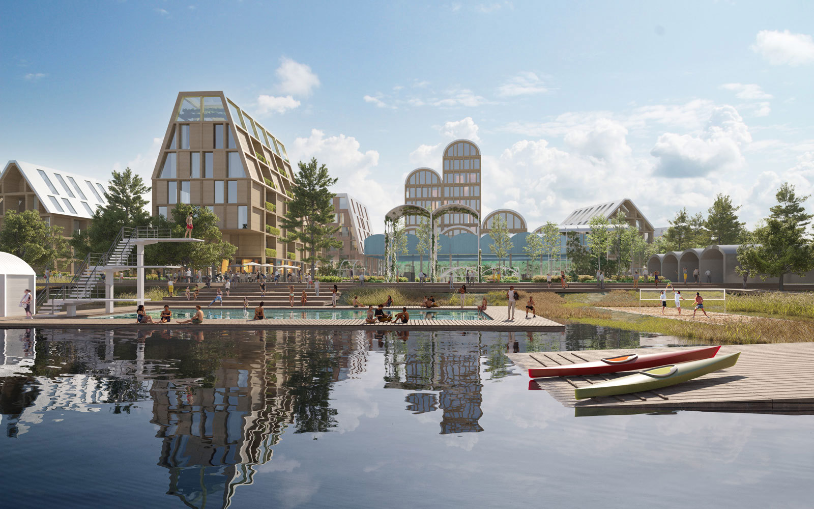 Mad-teamet har spilt videre på formene i buehallene og foreslår ulike løsninger for nærkontakt med vannet. Vannkvaliteten i Hillevågsvatnet er ikke særlig bra i dag, men kanskje det hadde gått an å få til et sjøbad med ferskt sjøvann?