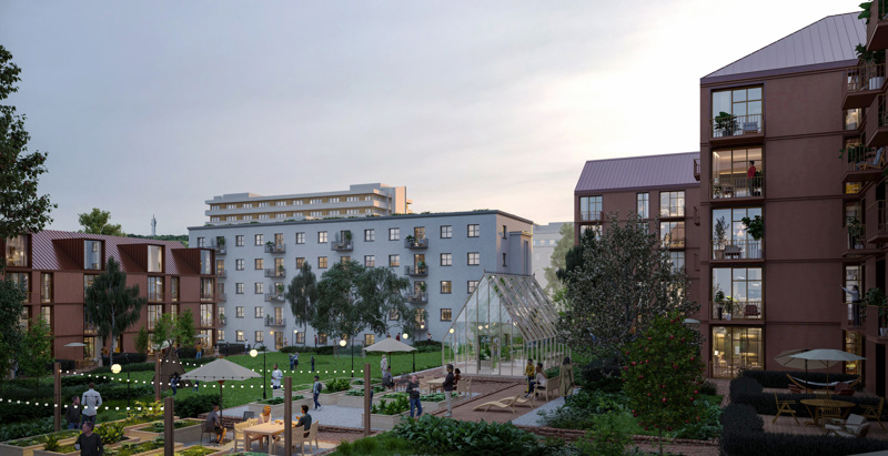 Eksempel på boligområde med drivhus og fellesareal mellom boligene. 