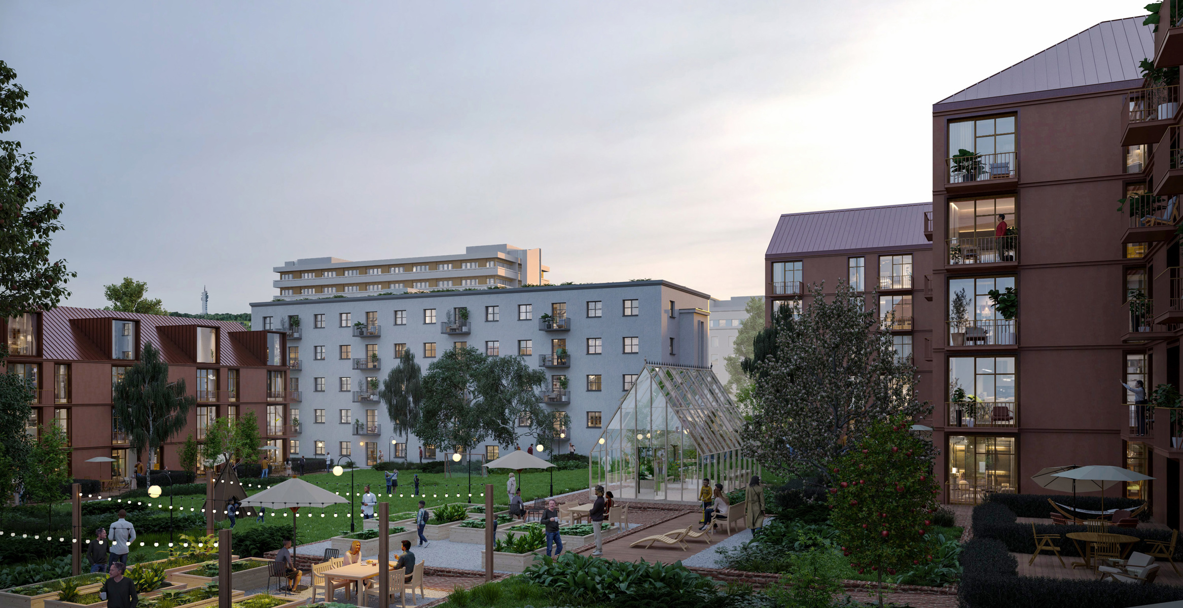 Eksempel på boligområde med drivhus og fellesareal mellom boligene.