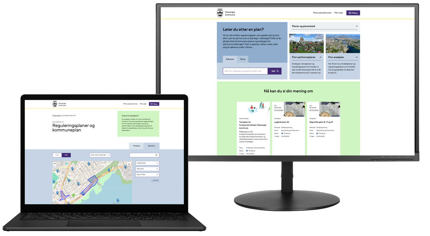 To skjermer som viser skjermbilder fra planportalen. Den ene viser et eksempel med kartvisning, den andre viser planer på høring.