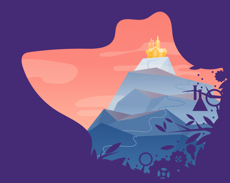 Illustrasjon forskning. Fjell med et slott i gull i bakgrunnen.
