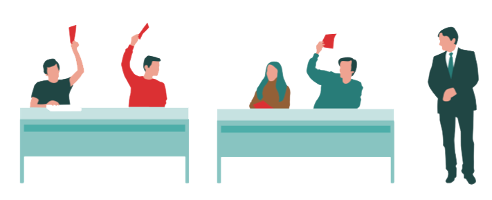 Illustrasjon: Berit Sømme. Politikere som holder opp stemmesedler.