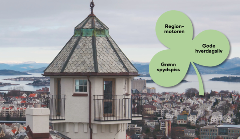 Vålandstårnet og trekløveret med kommunens samfunnsmål