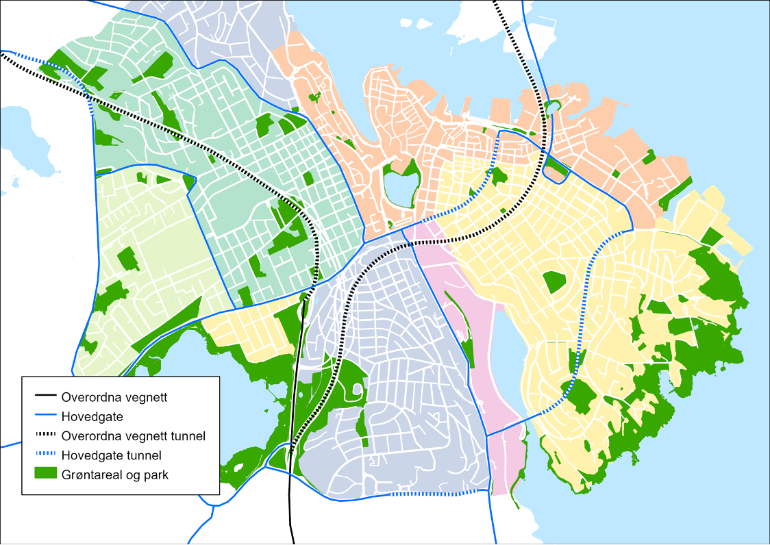 Kart som viser overordna vegnett i og rundt sentrum.