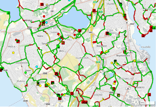 Utsnitt fra kart med registrering av tilgjengelighet av turveinettet.