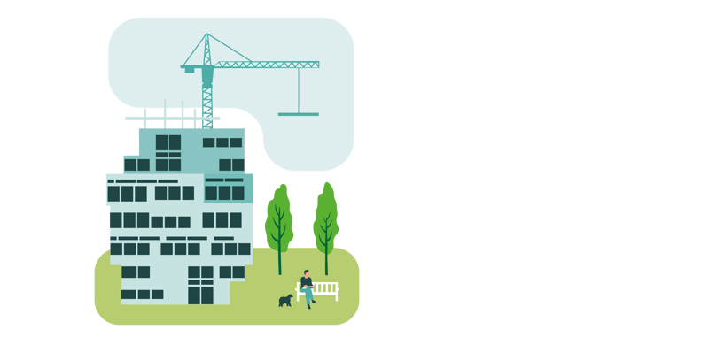 Ill.: Berit Sømme. Et boligbygg under oppføring, heisekraner i bakgrunnen. 