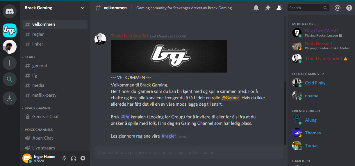 Skjemdump fra discordserveren Brack Gaming.
