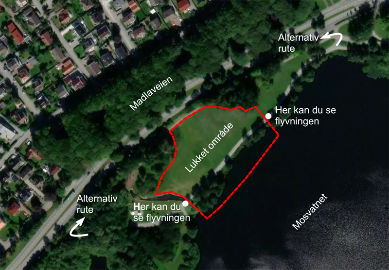 Kart over Texasmarka ved Mosvatnet som viser hvor det blir stengt av og alternativ rute. 