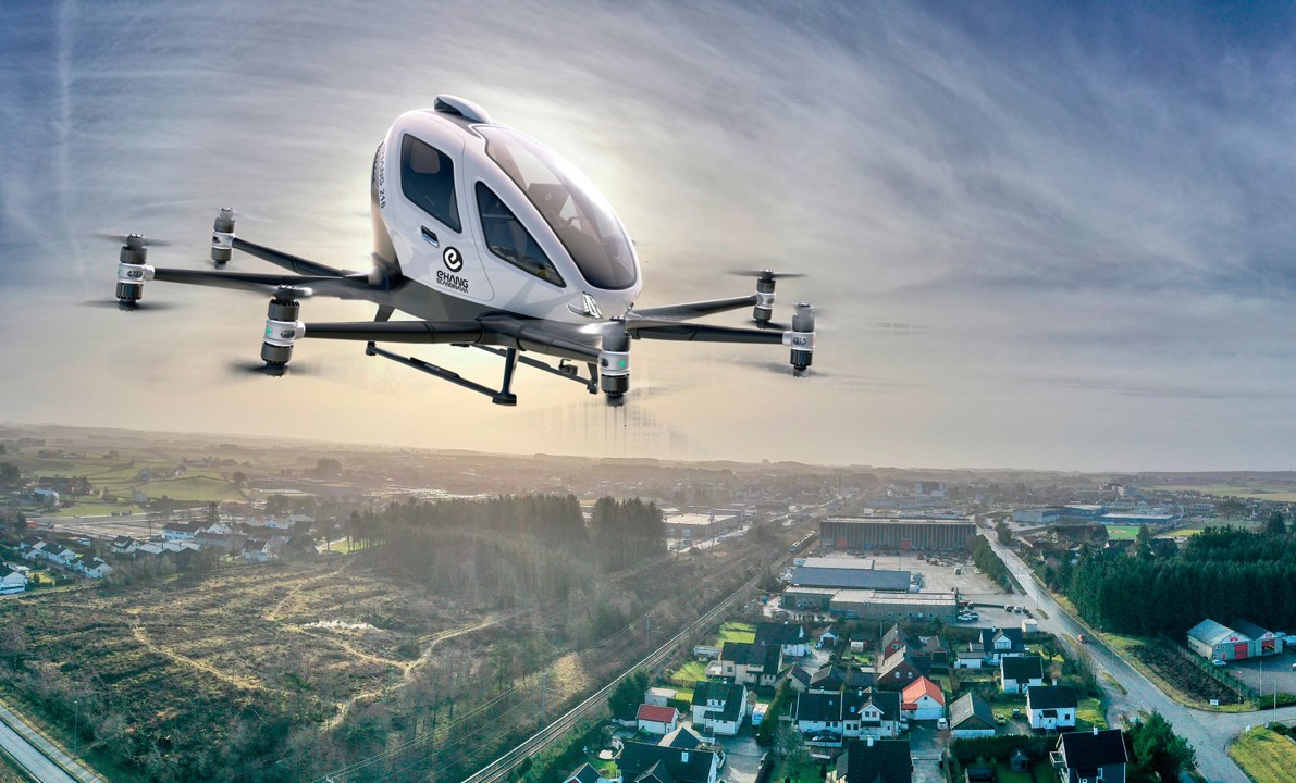 Illustrasjonsbilde av eHang 2016, en bemannet drone.