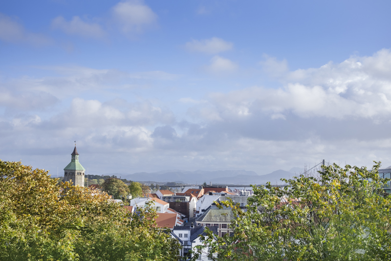 Utsikt Stavanger sentrum med grønne trær i forgrunnen