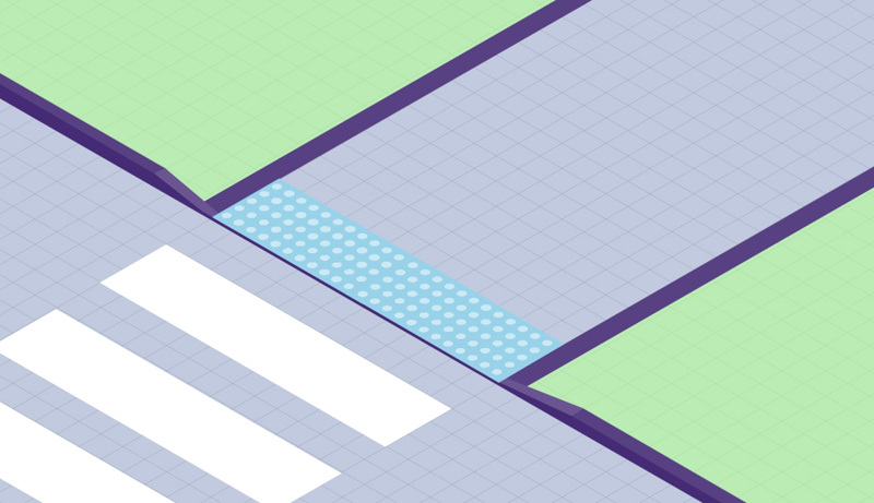 Figur som viser ledelinjer ved gang- og sykkelvei som krysser kjørevei