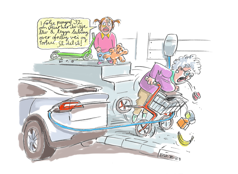 Illustrasjon av gammel dame med gåstol som snubler i ladekabel til el-bil.