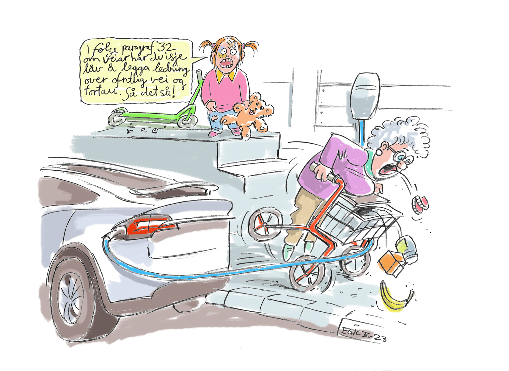 Illustrasjon av gammel dame med gåstol som snubler i ladekabel til el-bil.