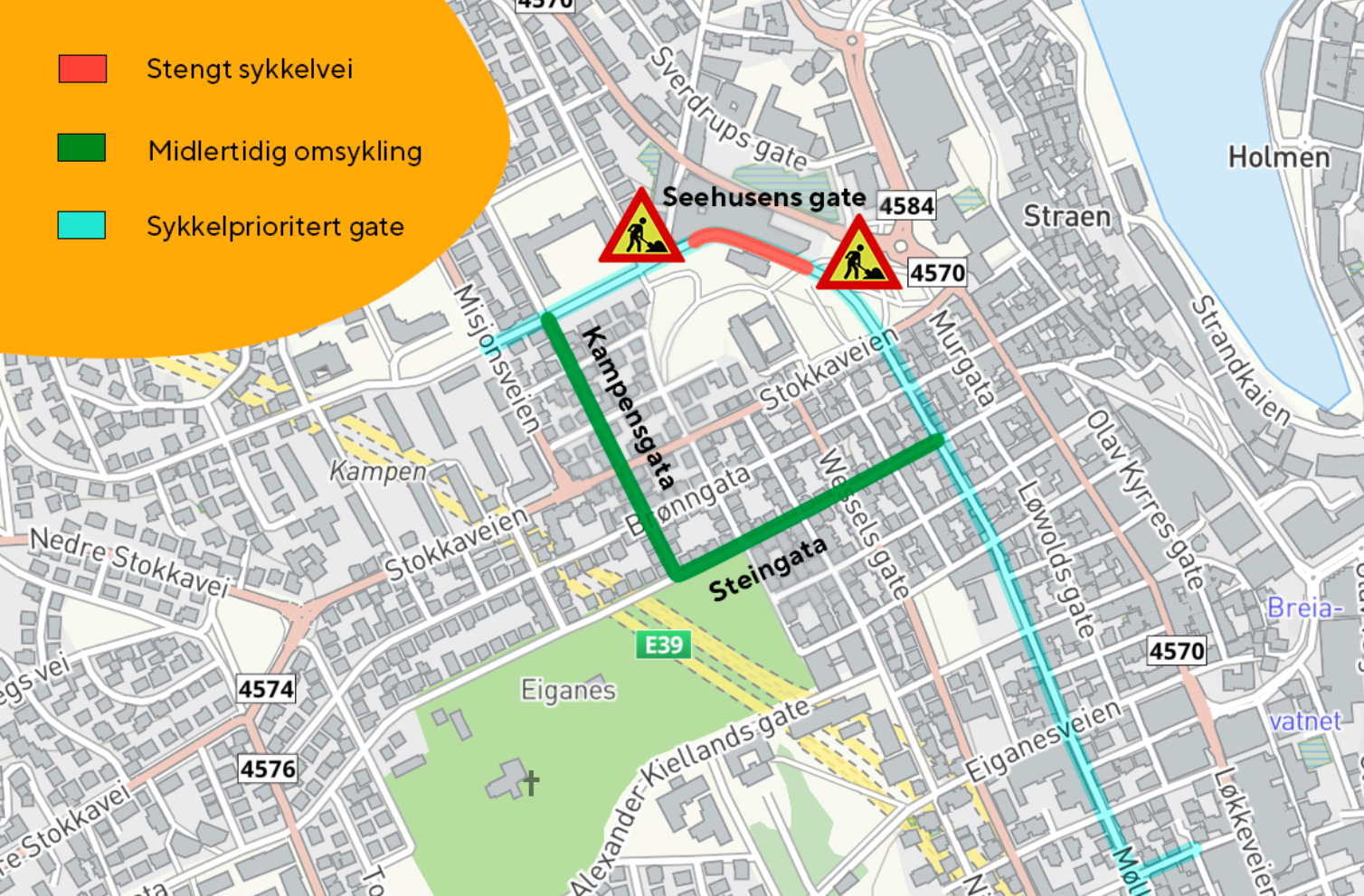 Kart over stengt sykkelvei