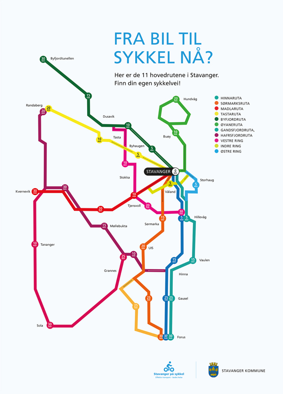 Kart med cirka-tider for sykling fra A til B i Stavanger