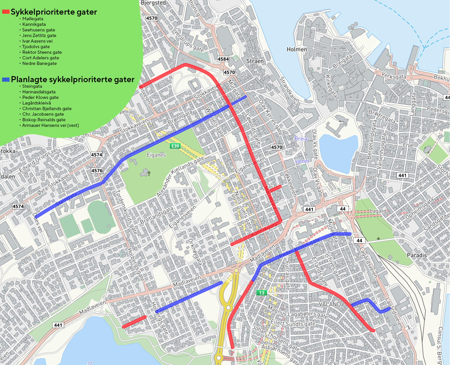 Oversikt over ferdige og planlagte sykkelprioriterte gater i Stavanger