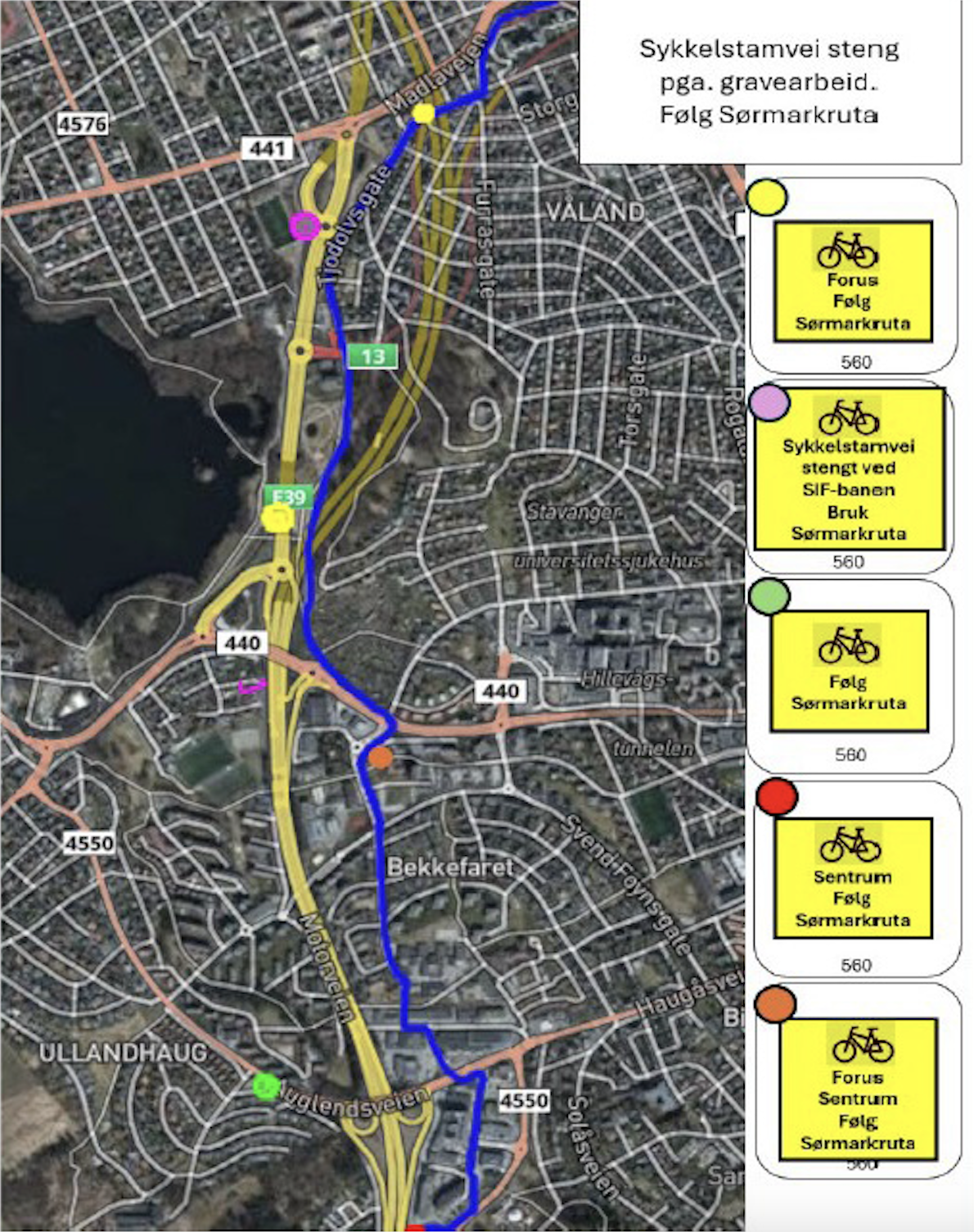Kart som viser omlagt sykkelrute fra Mosvatnet og sørover langs motorveien