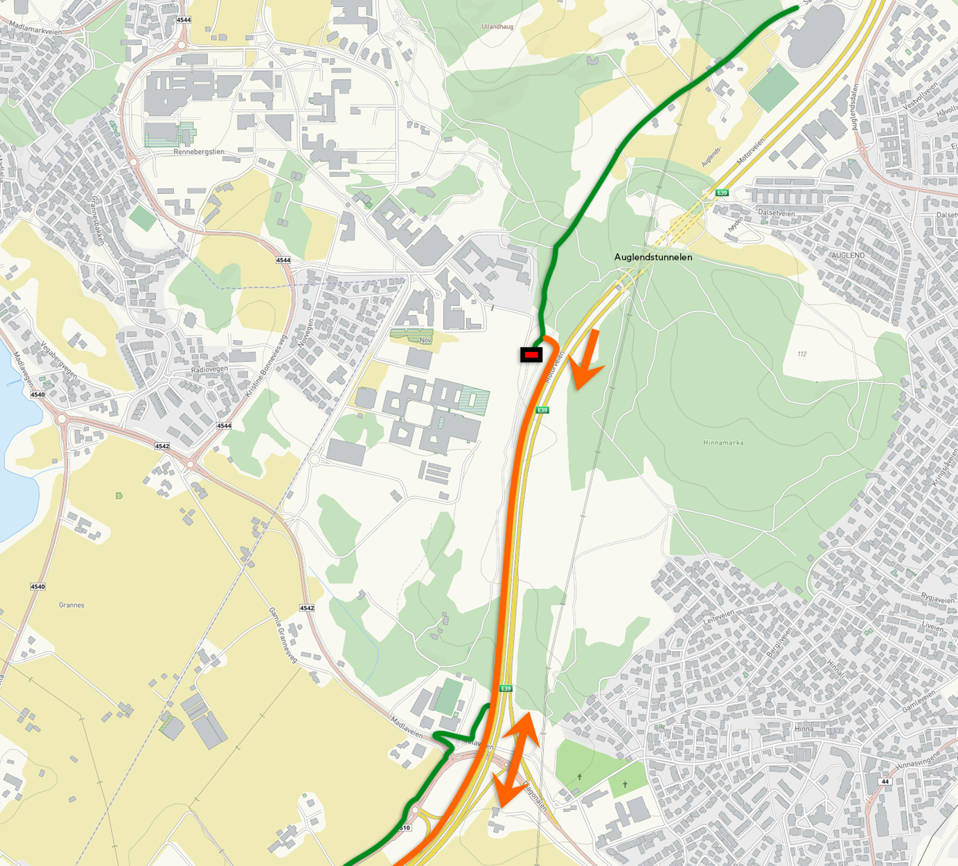 Kart over Sørmarksruta som går inn på Sykkelstamveien sør for Auglendstunnelen.