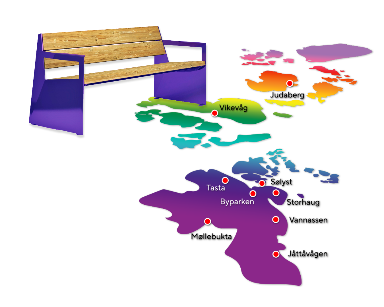 Kart over hvor du finner regnbuebenkene