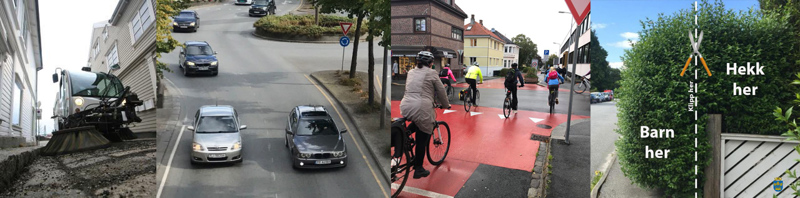 En kollasje av bilder av bilder i veien, spoebile osm soper opp sand etter vinteren, syklister som er på vei til jobb en mørk morgen og en hekk som vokser ut over fortauet og er til hinder for skolebarn og andre fotgjengere.