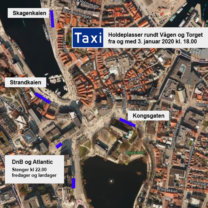 Kart over de nye drosjeholdeplassene.